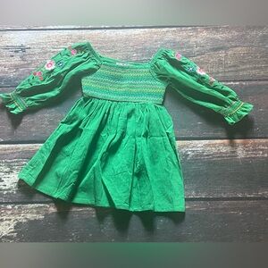 Good Lad Green Smocked Top Dress with Floral Embroidery On The Long Sleeves